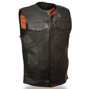 Chaleco de Motociclista Vintage de Cuero Genuino Negro con Cuello Redondo, Cierre de Botones Cubiertos, Bolsillos en el Pecho con Solapa, Ribete Rojo, Transpirable - Product Image 3