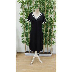 Women's Short Sleeve V-Neck Midi Length <b>Viscose</b> <b>Dress</b> with Ribbed Sleeves and Collar Detail, 37157 - Black - Product Image 5