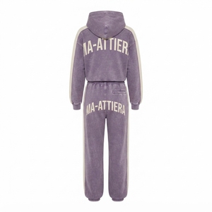 Conjunto de Sudadera con Capucha y Pantalones Deportivos para Mujer, Personalizado, Color Morado con Paneles en Contraste, Felpa de Algodón, Lavado Ácido, Ropa Deportiva Urbana, Venta al Por Mayor OEM - Product Image 4