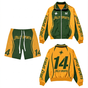 Premium Polyester Windbreaker Women Short Set Teal Blue <b>Yellow</b> Panel Design Custom Print Logo Windbreaker Shorts Set for Men - Product Image 4