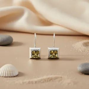 Art Place 925 Silver Square Drop Earrings Freshwater Pearl Women's Vintage Gold Plated Hook Closure Citrine Main Stone Gift - Product Image 1