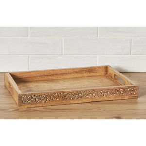 Plateau de service en bois de manguier artisanal avec poignées, style vintage, plat unique sculpté à la main avec incrustations blanches pour la décoration de la maison - Product Image 5