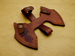 Hache à double lame à dos plat en acier inoxydable faite à la main, manche en bois de rose, enveloppe en cuir noir, outil de survie tactique de qualité industrielle - Product Image 2