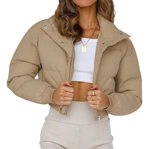 Conception personnalisée femmes Crop Puffer veste kaki pleine fermeture éclair à capuche amovible bulle veste respirante hiver doudoune pour les femmes - Product Image 1
