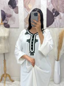 Moroccan White Traditional Kaftan Muslim Abaya Breathable Custom Long Sleeve Ethnic Robe Beaded Neckline <b>Loose</b> Fit Women <b>Dress</b> - Product Image 5