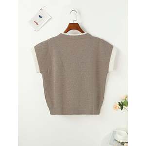 Women's Khaki Casual Colorblock Crew Neck Short Sleeve <b>Pullover</b> <b>Sweater</b> with Button - Product Image 5
