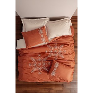 Ensemble de literie 4 pièces en coton brodé motif floral, 100% coton Ranforce, double taille, Tiva Beige, lavable en machine, pour usage domestique - Product Image 1