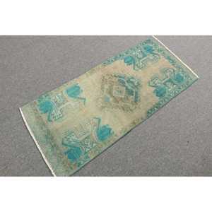 Alfombra pequeña vintage, alfombra turca de 1.5x3.5 pies, alfombra de lana azul con motivos de plantas y árboles - Product Image 4