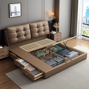 <span class=keywords><strong>Lit</strong></span> double moderne <span class=keywords><strong>et</strong></span> minimaliste <span class=keywords><strong>avec</strong></span> cadre en bois massif, revêtement en cuir Nappa <span class=keywords><strong>et</strong></span> système de levage à gaz <span class=keywords><strong>avec</strong></span> rangement - Product Image 3