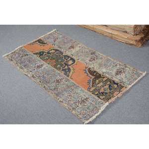 Classic Orange Green Vintage Turkish Rug 2.1x3.8ft Handmade Patchwork Design Wool Viscose Material Latex Backing for Living Room - Product Image 3