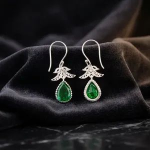 Women’s 925 Sterling Silver Bohemian Drop Earrings Geometric Pattern Green <b>Emerald</b> Bezel <b>Set</b> Handmade Dangle Earrings - Product Image 6