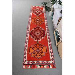 Turkish 2.8x12.1 ft Rug, <b>Runner</b> Vintage Rug, <b>Red</b> Orange Ombr Wool Rug - Product Image 1