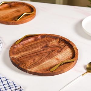 Plateau de service rond en bois d'acacia naturel avec poignées en métal doré, plateau décoratif en bois pour pizza, plateau pour nourriture, fruits, table basse - Product Image 5