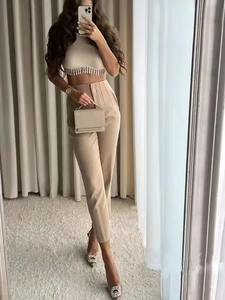 กางเกงหุ้มข้อเอวสูงสำหรับผู้หญิงกางเกงลำลองสีพื้นมีกระเป๋ามีซิป - Product Image 2