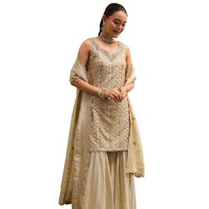 Ivoire brodé Georgette Kurta Sharara ensemble élégant tenue de fête femmes mariage et tenue ethnique festive - Product Image 4