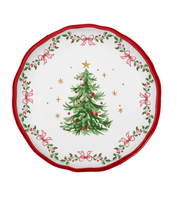 Assiette de Noël vintage en mélamine rouge à bord ondulé, motif sapin, nœud et houx, sans BPA, ronde, pour la décoration familiale des fêtes