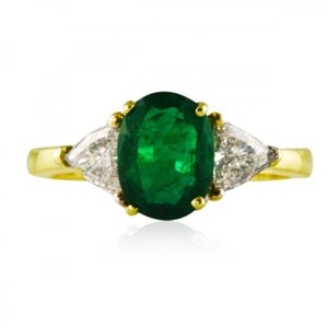 Bijoux pour femmes personnalisés or jaune 18 carats forme ovale émeraude verte pierre précieuse et trillion forme diamant bague de fiançailles de mariage - Product Image 1