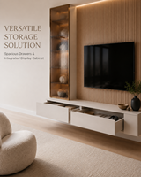 Meuble TV flottant minimaliste moderne KEJIA avec panneau mural rainuré en bois et écran en verre intégré avec éclairage LED
