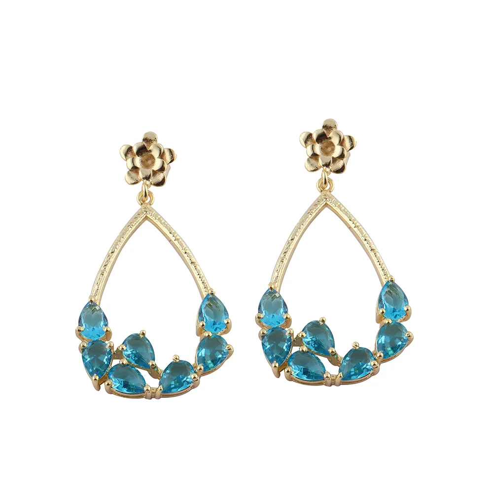 Orecchini pendenti a forma di pera blu topazio con ciondolo in ottone placcato oro con ciondolo fiore orecchini gioielli modalità Joyas E-1491