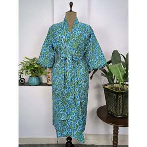 Pure Cotton Indian Handprinted Boho Kimono Dress Elegant Aqua Blue Green Floral Luxury <b>Robe</b> for Women for <b>Beach</b> Holidays Yacht - Product Image 3