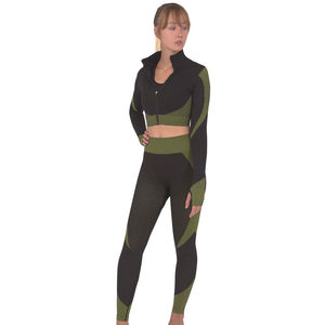Ensemble de yoga avec leggings taille haute et haut de soutien-gorge, logo personnalisé, sans couture, ensemble de yoga de sport 2 pièces, lavé, uni, grande taille - Product Image 1