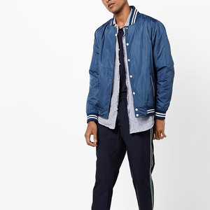 Men's Navy Blue Varsity Jacket Regular Fit Solid Color Casual Windproof Stand Collar <b>Covered</b> <b>Button</b> Closure Wool/Leather Shell - Product Image 3