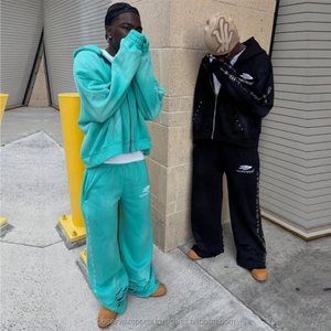 Survêtement unisexe en coton à capuche personnalisé avec strass, effet délavé à l'acide, fermeture éclair, impression sérigraphique, effet délavé au soleil, lourd, streetwear d'hiver - Product Image 2