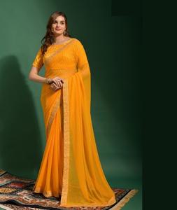 Vêtements ethniques indiens Designer Bandhani Imprimé et Broderie Travail en Dentelle Georgette Mousseline de Soie Saree avec Chemisier Pièces pour Femmes - Product Image 1