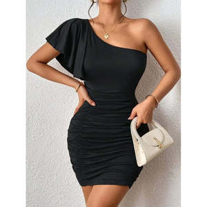 Vestido Mini Ajustado Asimétrico de un Solo Hombro con Fruncido para Mujer de Jane, Estilo Elegante en Tela Sandy para Fiestas Nocturnas - Product Image 1