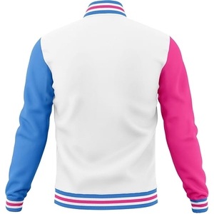 <b>Men</b> Multi Color Custom Varsity <b>Jacket</b> Vibrant <b>White</b> Pink and Blue Panel Design with Striped Accents - Product Image 2