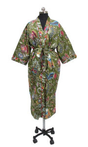 Kimono con estampado de Mukut de algodón 100% verde oscuro, bata de ducha envolvente de noche de verano ligera, bata de baño informal para dormir para Otoño e Invierno - Product Image 2