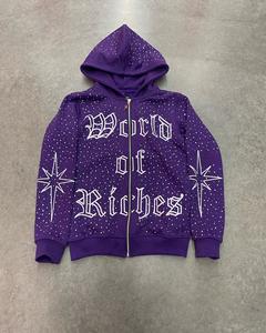 Fabricante personalizado Sun Faded bordado desgastado cremallera Streetwear ácido lavado 500gsm hombres Zip up Heavyweight Rhinestone Hoodie - Product Image 3