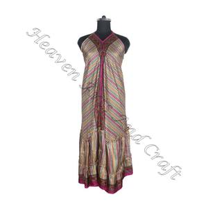 SD020 femmes été Boho Hippie Vintage soie licou robe recyclé Saree longue robe de soirée pour les filles - Product Image 3