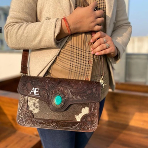 กระเป๋าถือหนังวัวสำหรับผู้หญิง, กระเป๋าหินเทอร์ควอยซ์ที่ทำด้วยมือสไตล์ตะวันตก - Product Image 1