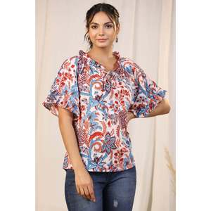 Haut à volants blanc à imprimé floral fait main pour femme - Style vintage, coupe ample, longueur longue, bordure en dentelle, taille XXL, printemps-automne - Product Image 1