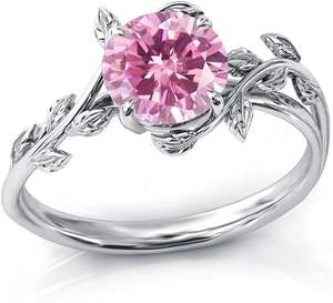 Pink Moissanite <b>Ring</b> 925 Sterling Silver Birthstone <b>Ring</b> Leaf Promise <b>Ring</b> for Her Birthday Anniversary Jewelry for Women - Product Image 1