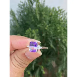 14K Gold Natural Amethyst Diamond Emerald Cut <b>Ring</b> Handmade Luxury Fine Jewelry Wholesale Supplier - Product Image 2