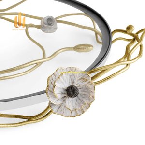 ถาดเสิร์ฟเหล็กทรงกลมพร้อมด้ามไม้เถาสีทองตกแต่งทำมือสำหรับชากาแฟอาหารว่างห้องครัวรับประทานอาหาร - Product Image 3