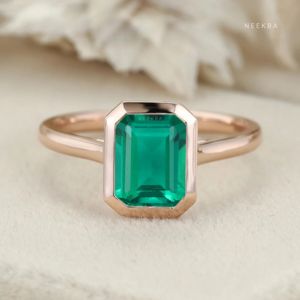 Estilo Art Deco 8*6mm Esmeralda Bisel Ajuste Anillo Esmeralda Corte Laboratorio Cultivado Esmeralda 10K Anillo de oro sólido con opción de cambio de tono de metal - Product Image 1