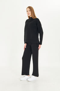 ชุดเสื้อสเวตเตอร์และกางเกง2ชิ้นสำหรับผู้หญิงชุดเสื้อถักแขนยาวเอวยางยืดชุดเสื้อถักขากว้างมีสไตล์ - Product Image 3