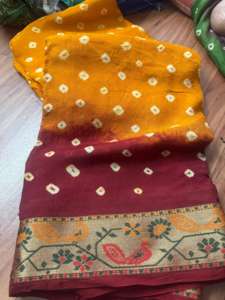 ผ้าส่าหรีแบบดั้งเดิมของผู้หญิง ลาย Bandhej Kanchipuram พร้อมงานปักดิ้นทอง ดีไซน์สวยงาม ขอบผ้ากว้าง - Product Image 3