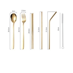 Ensemble de couverts en or pour voyage avec cuillère fourchette pailles réutilisables brosse et pochette de transport pour bureau camping et salle à manger couverts - Product Image 5