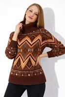 Pull en tricot élégant pour femme à motif ethnique, respirant, texture douce, col roulé, chic, vintage