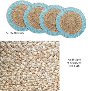 Round Verona Woven Jute Cotton Braided Placemat for Dining <b>Table</b> Decor Wedding Family Gatherings Parties With Aqua <b>Blue</b> Border - Product Image 5