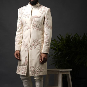 2024 New Elegant Heavy Embroidery White Sherwani Breathable Plus Size Crystal Glass Beadsstone Dabka Work Matching <b>Pant</b> Shoe - Product Image 1