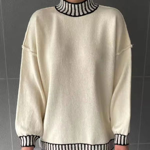 Vintage Chic femmes décontracté hiver/automne pulls hauts écru contraste pull en tricot avec col rond et manches longues - Product Image 1