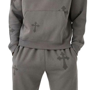 Ensemble de survêtement imprimé élégant pour hommes avec sweat à capuche surdimensionné deux pièces à motif croisé et pantalon de survêtement à jambe droite - Product Image 5