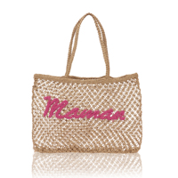 Sac fourre-tout en jute naturel au crochet, couleur unie, avec broderie rouge, style bohème, pour l'été, la plage, les voyages et l'usage quotidien, design ouvert
