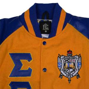 Veste Letterman pour femme Corps en laine cachemire jaune et manches en cuir véritable bleu Noir HBCU Vêtements grecs Sorority Varsity Jacket - Product Image 6
