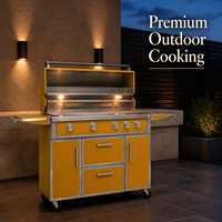 Barbecue à gaz extérieur jaune en acier inoxydable avec étagères latérales et rangement pour jardin et terrasse